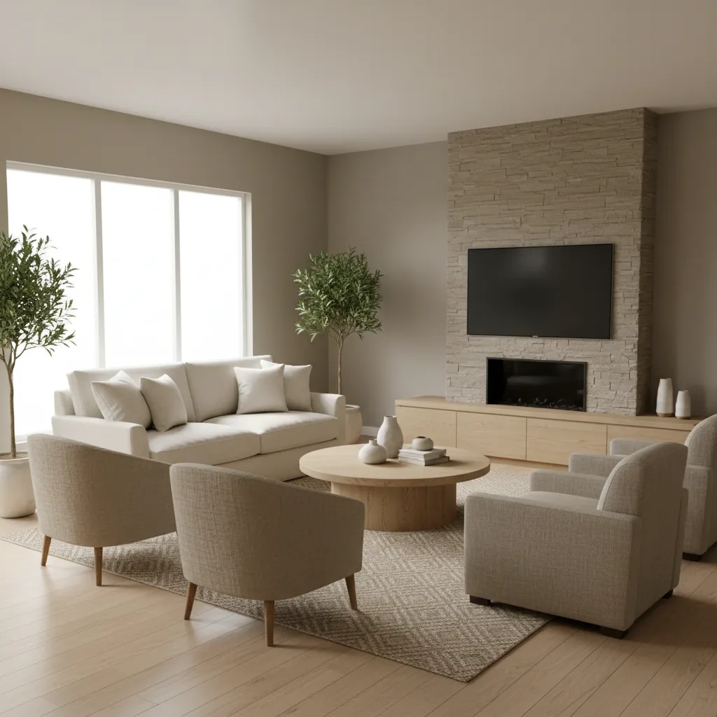 Neutral living room featuring stone wall, television, fireplace, white sofa, four armchairs, and round table