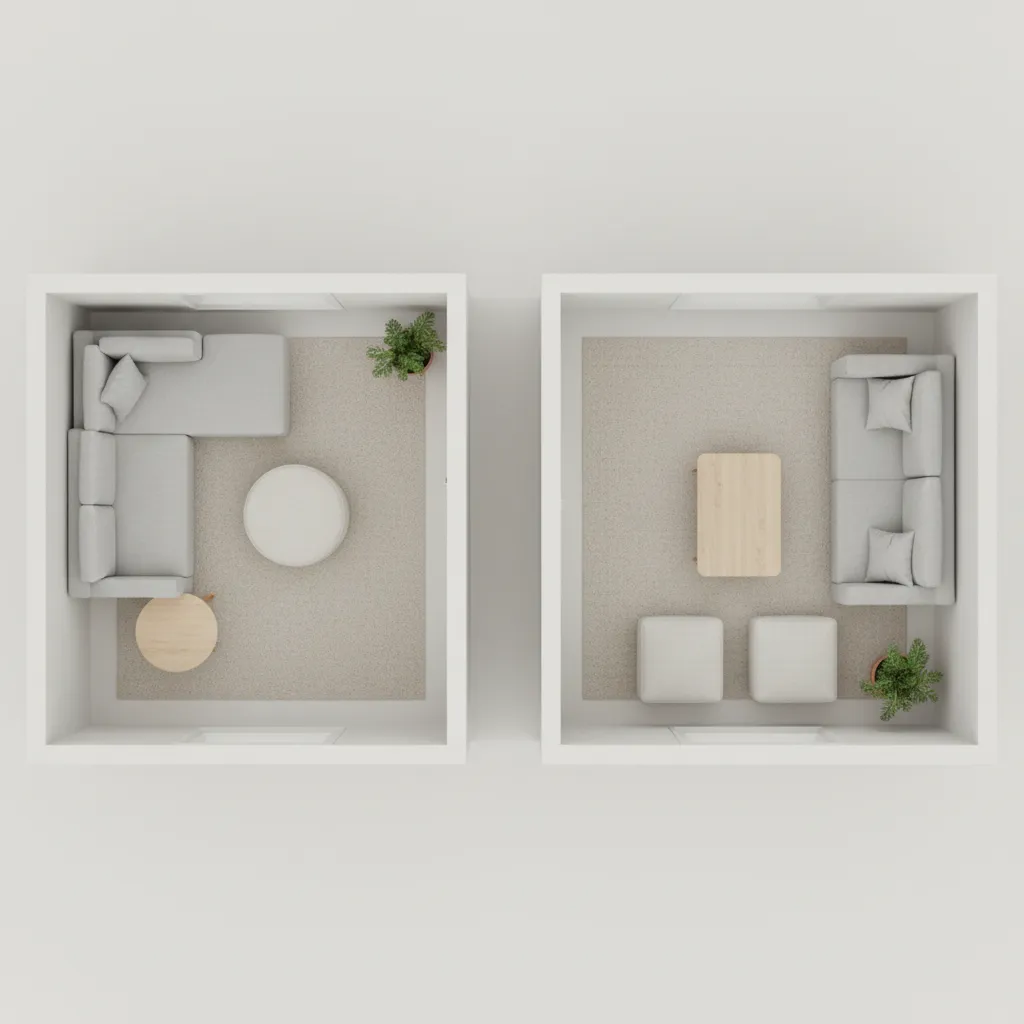comparison layout of loveseat sectional and armless sofa in small living room