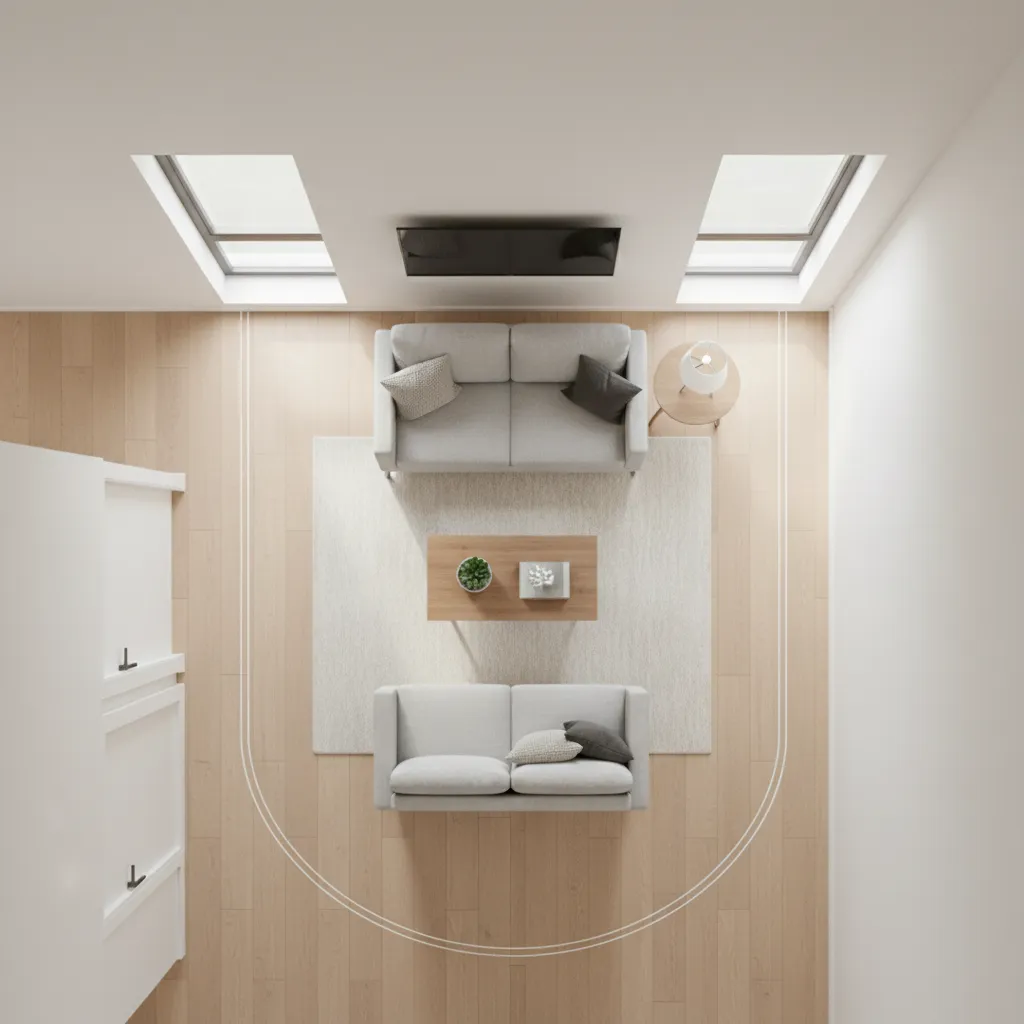 Small living room layout showing compact sofa placement and walking space