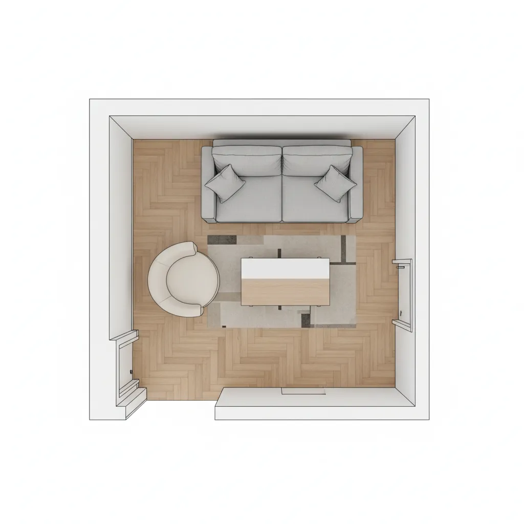 top view layout of small living room sofa arrangement showing circulation space