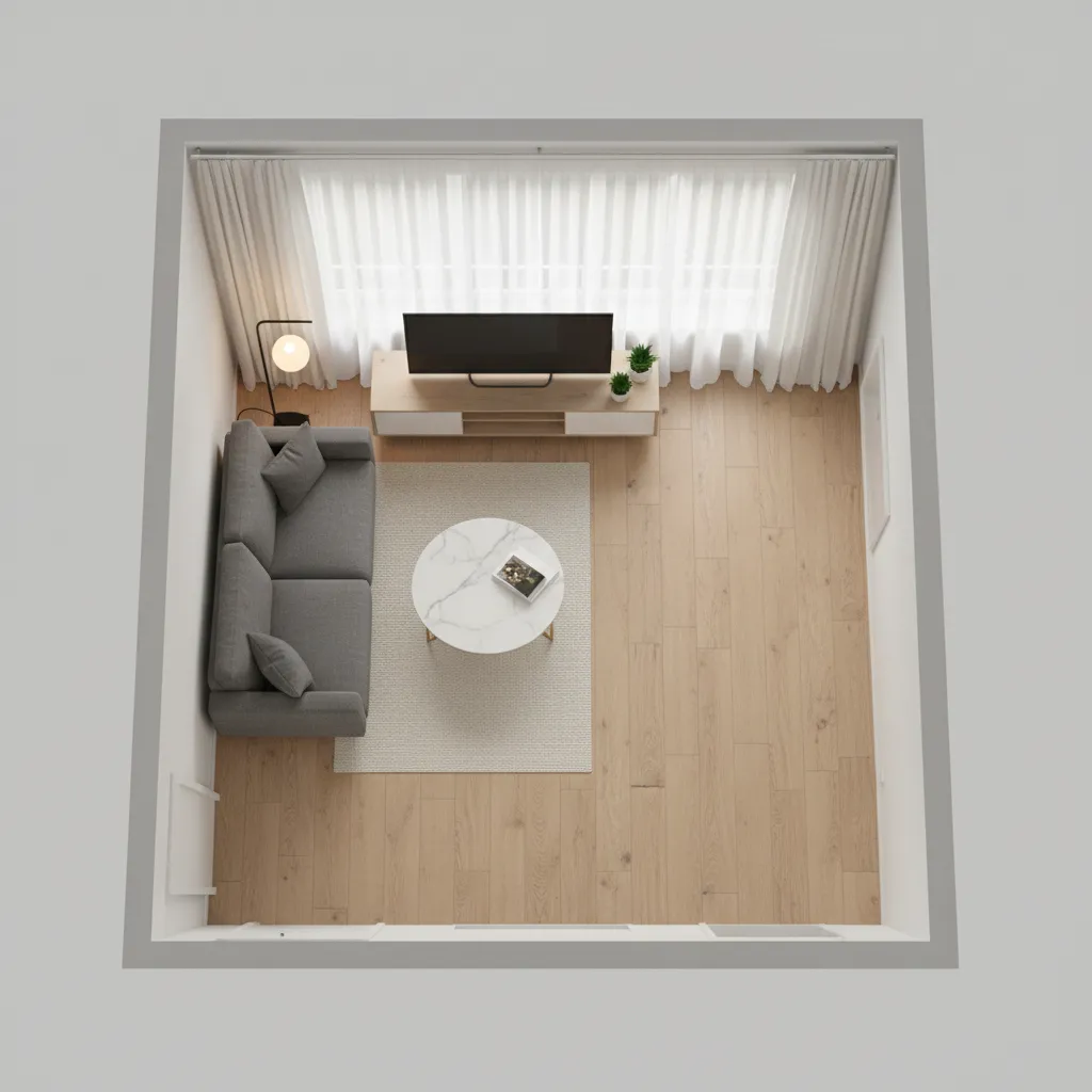 Small living room layout showing sofa placement and walking space