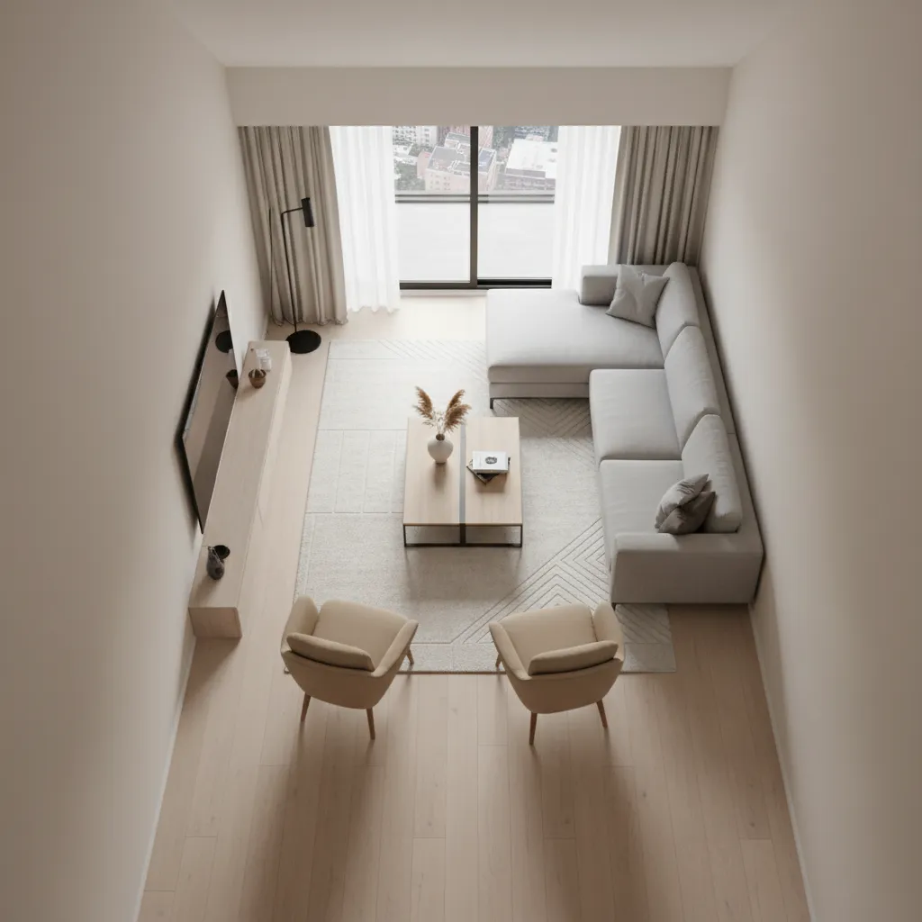 Small living room layout showing sofa placement and walking space