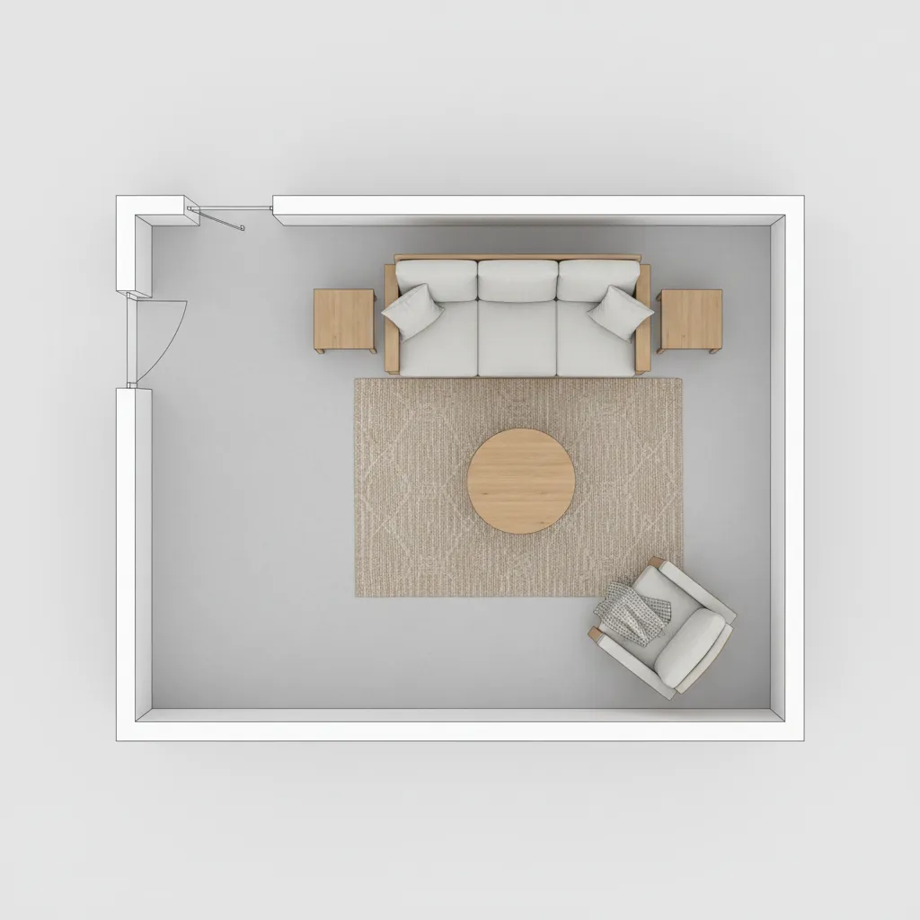 living room layout plan showing sofa placement in small space