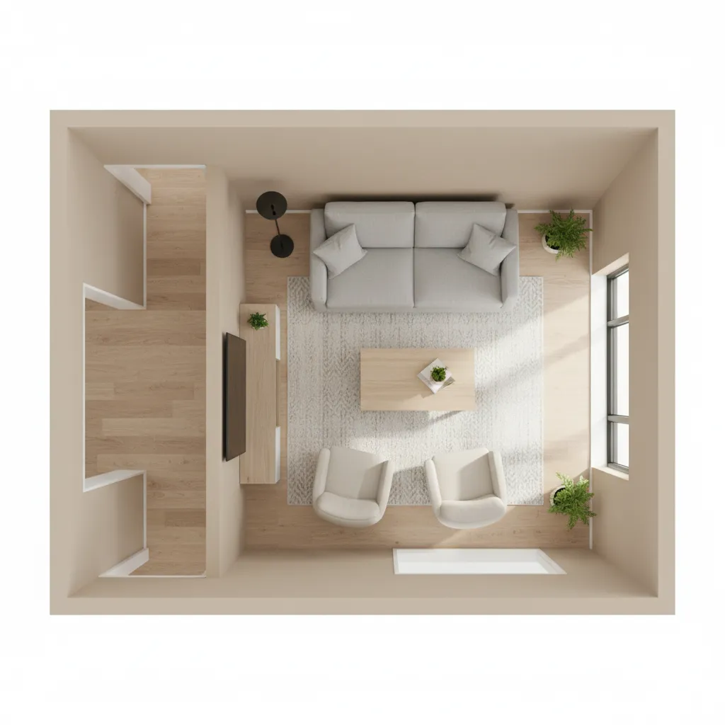 small living room layout showing ideal sofa placement and walking paths