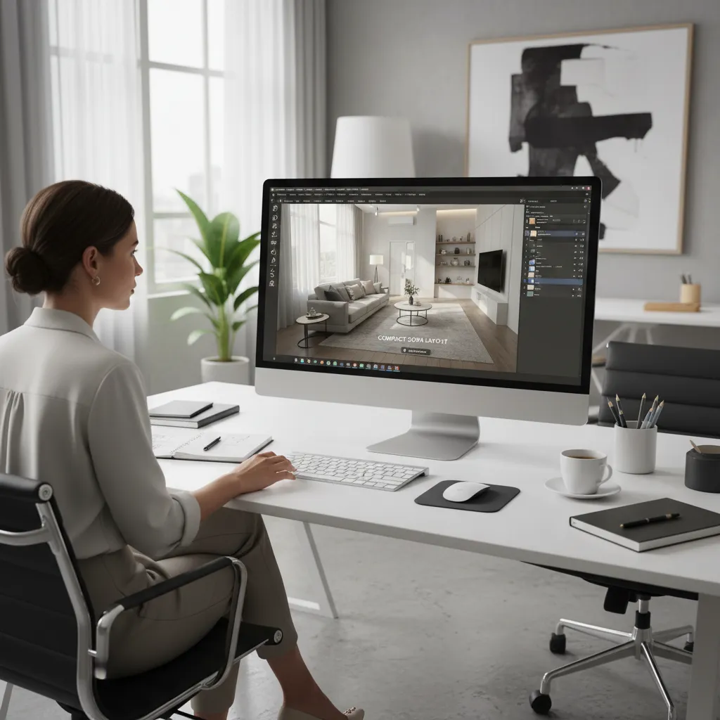 Designer planning sofa layout in a small living room with digital visualization