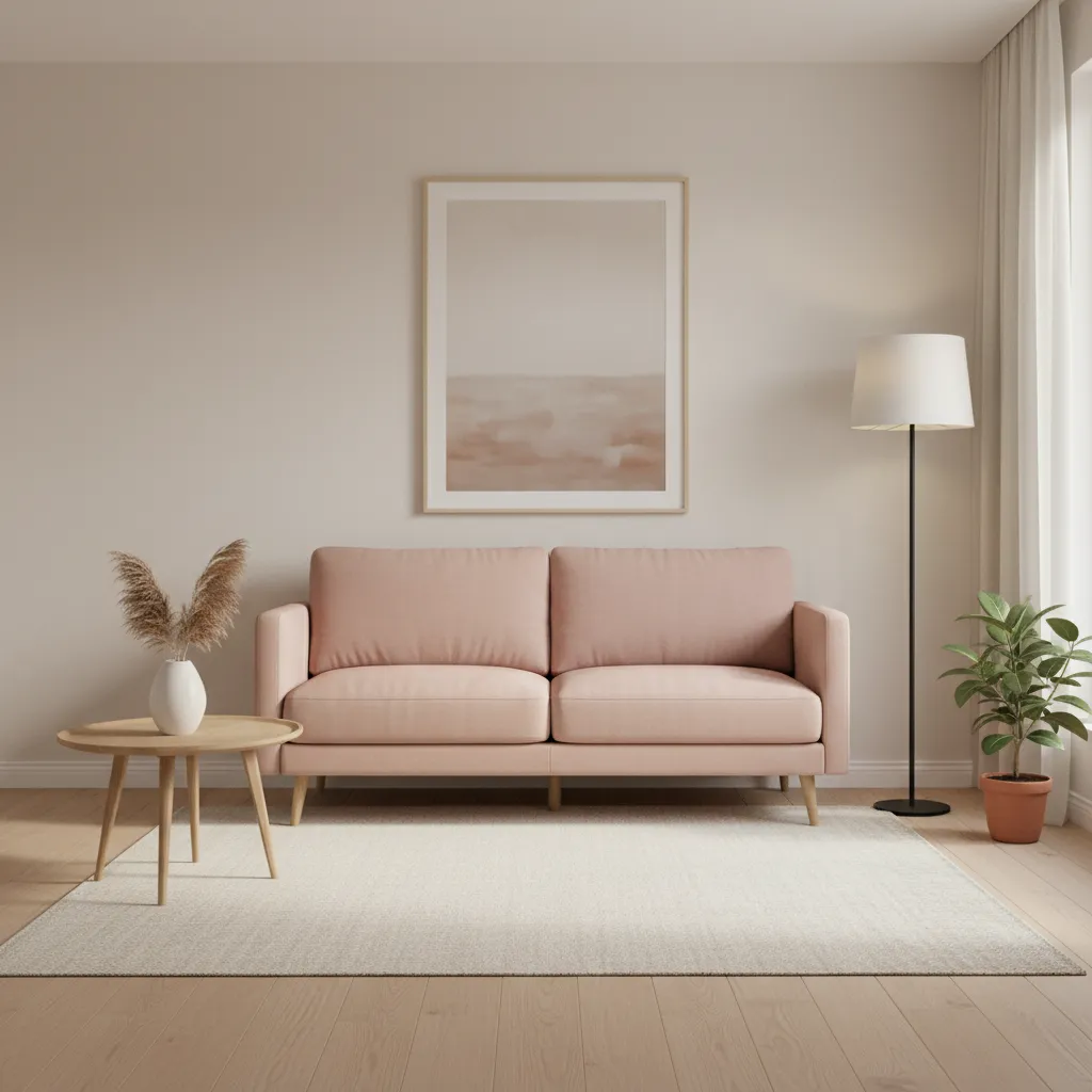 Apartment size blush pink sofa with slim arms in compact living room