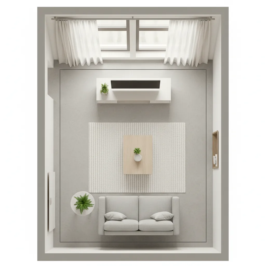 Living room layout showing sofa placement and walking paths