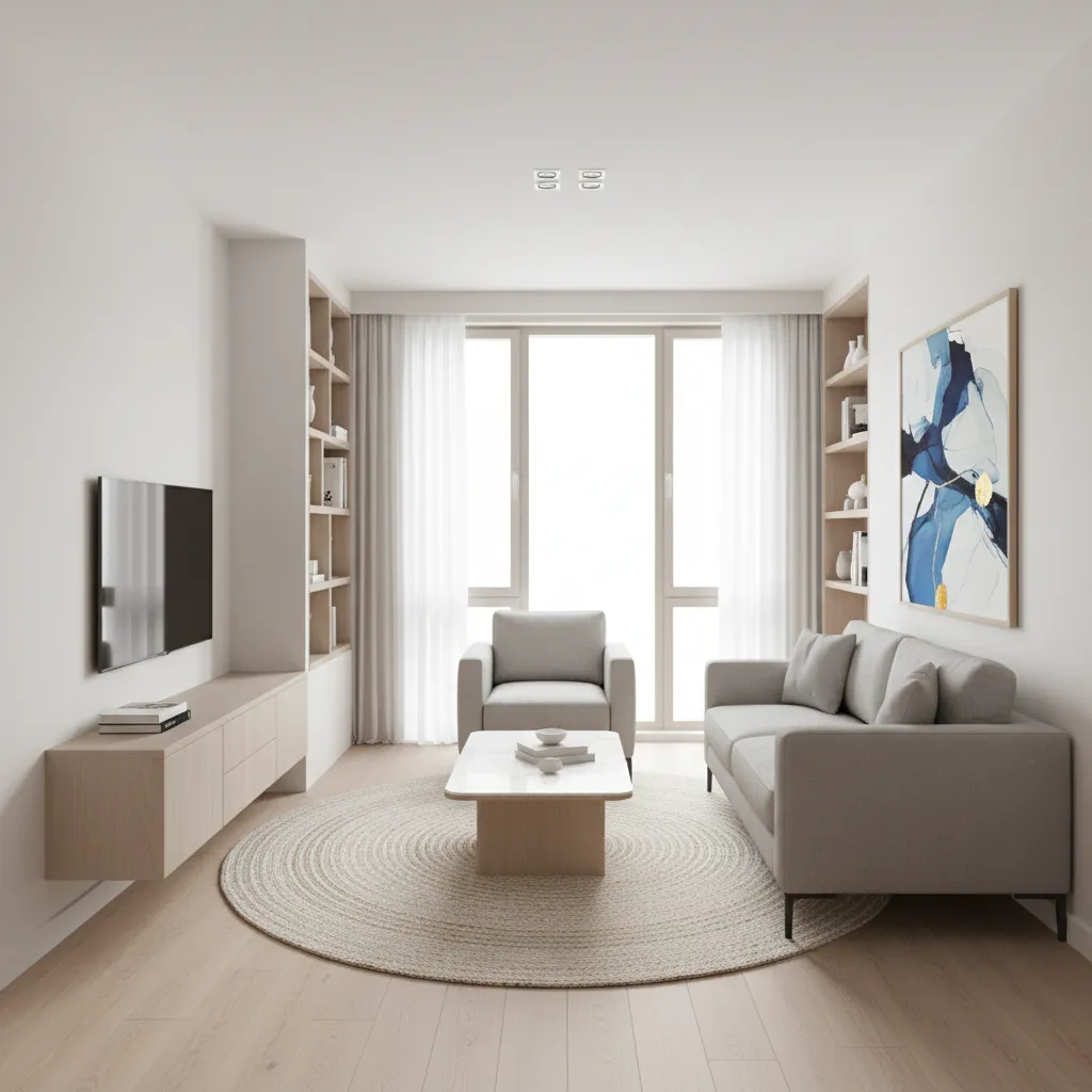 Minimalist living room with grey sofa round rug wooden floor white walls and large window
