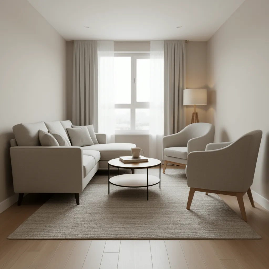 compact living room layout with sofa and two chairs around a rug and coffee table