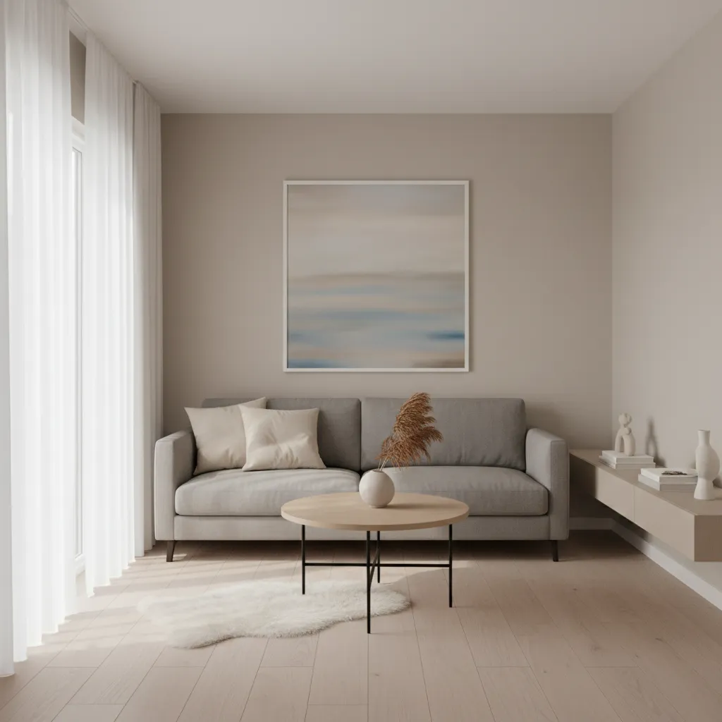 Small living room with light neutral wall paint and minimal decor