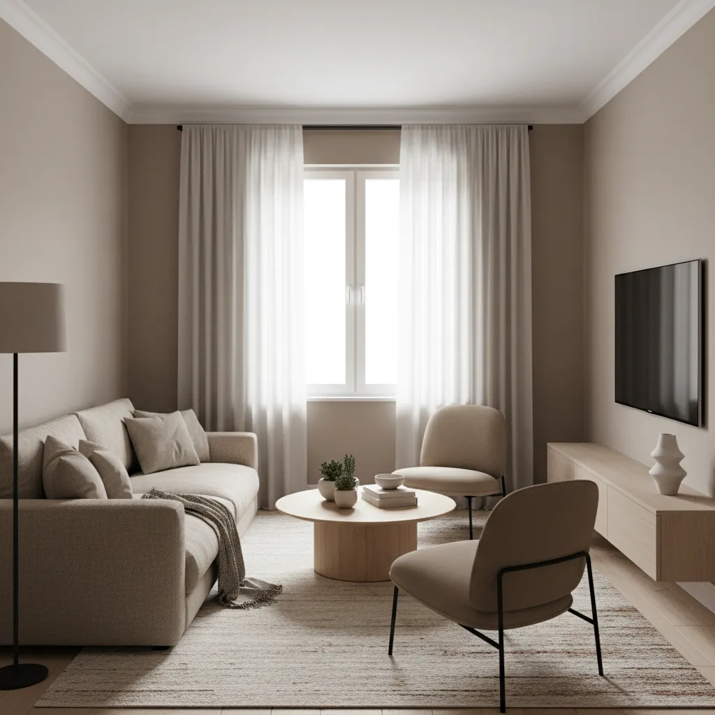 Compact living room with warm neutral paint reflecting natural light