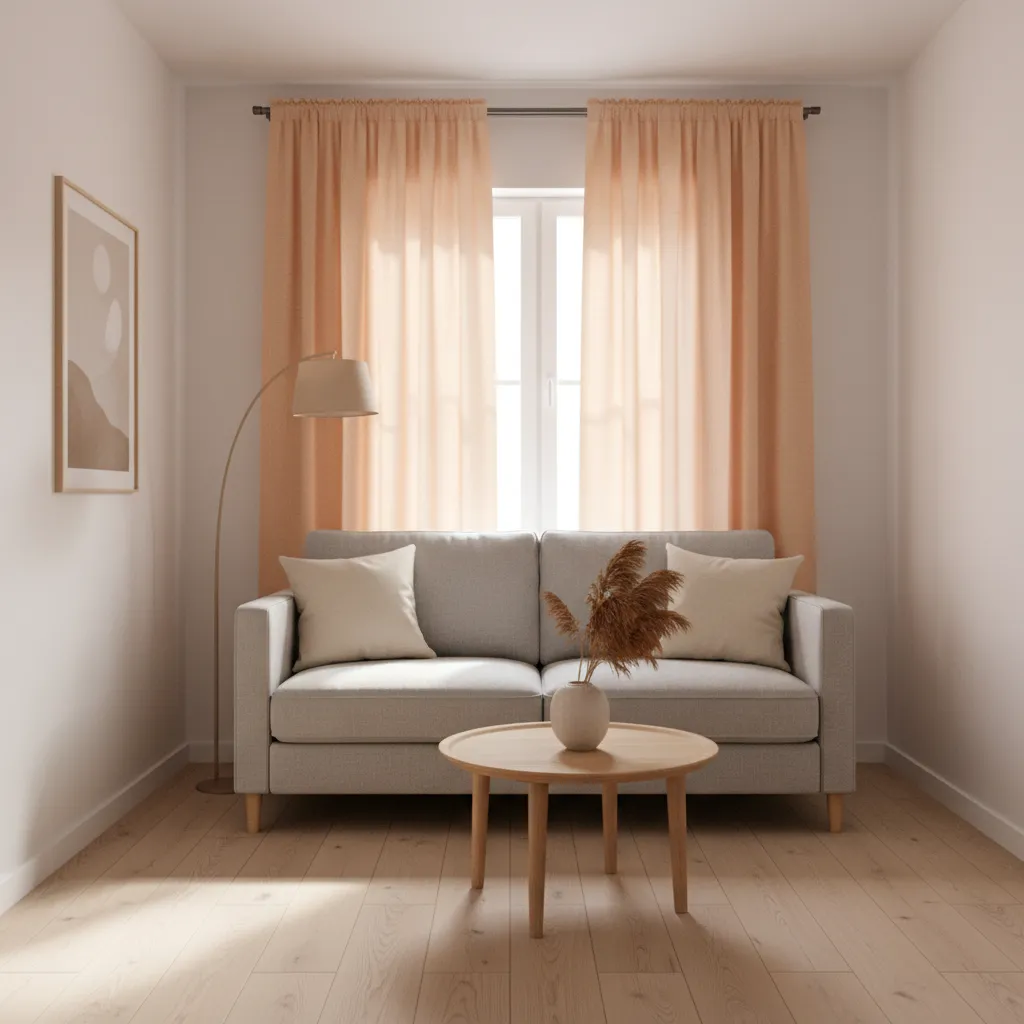 Small living room with soft peach orange curtains and minimal decor