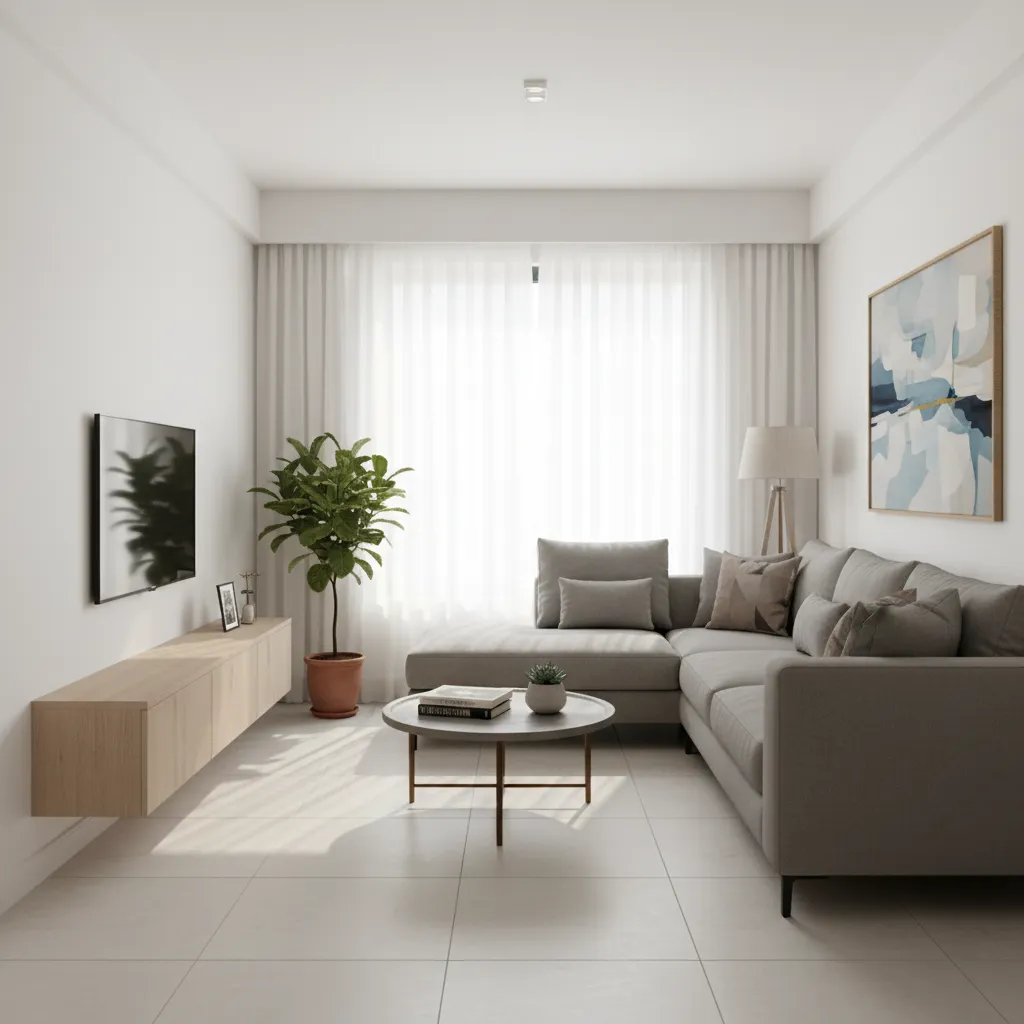 small apartment living room with wall mounted tv and open layout design