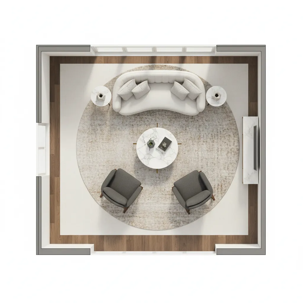 Small living room layout showing circulation space and furniture placement