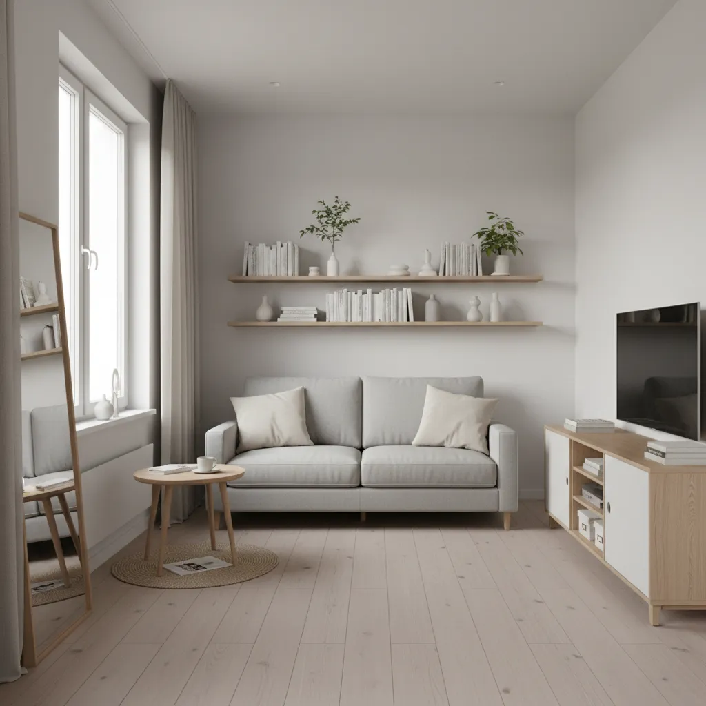Small living room with organized storage furniture and compact layout