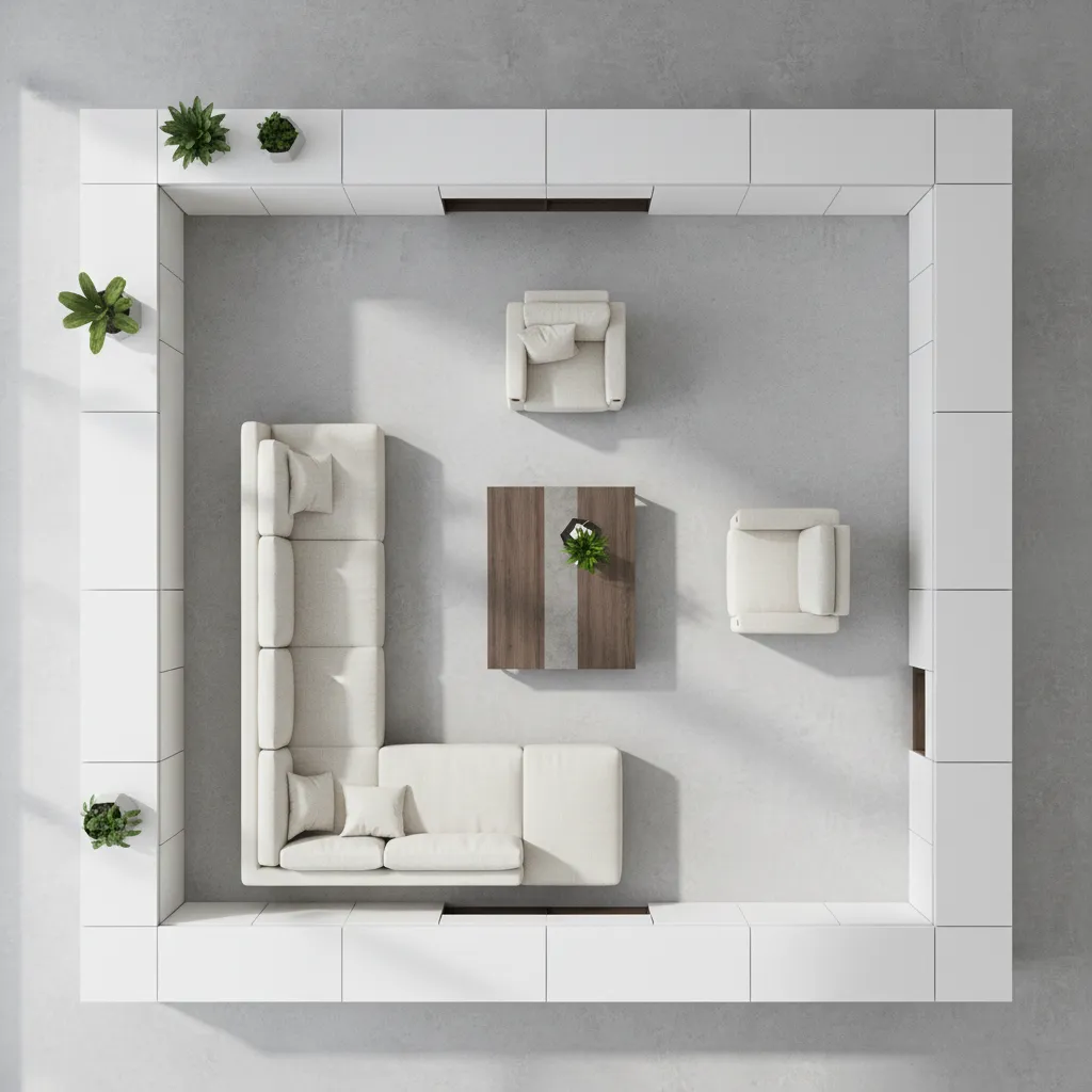 living room layout showing perimeter storage and open traffic flow