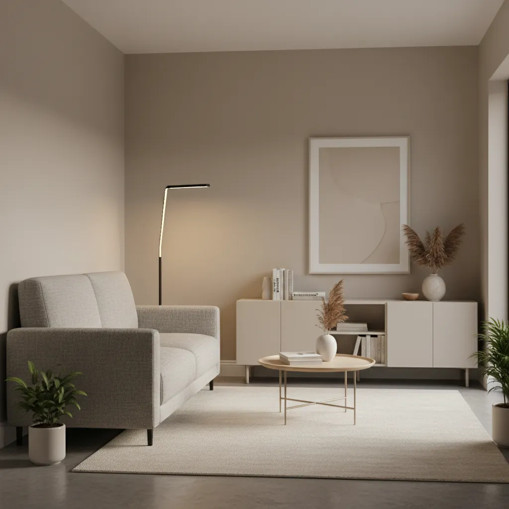 small living room with floor lamp storage cabinet and organized layout