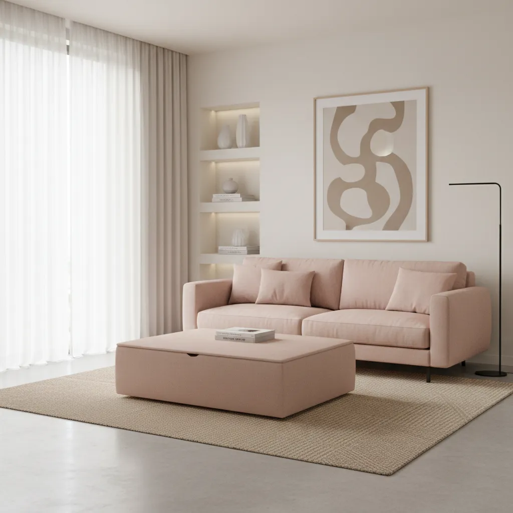 Small living room with blush pink sofa and storage ottoman