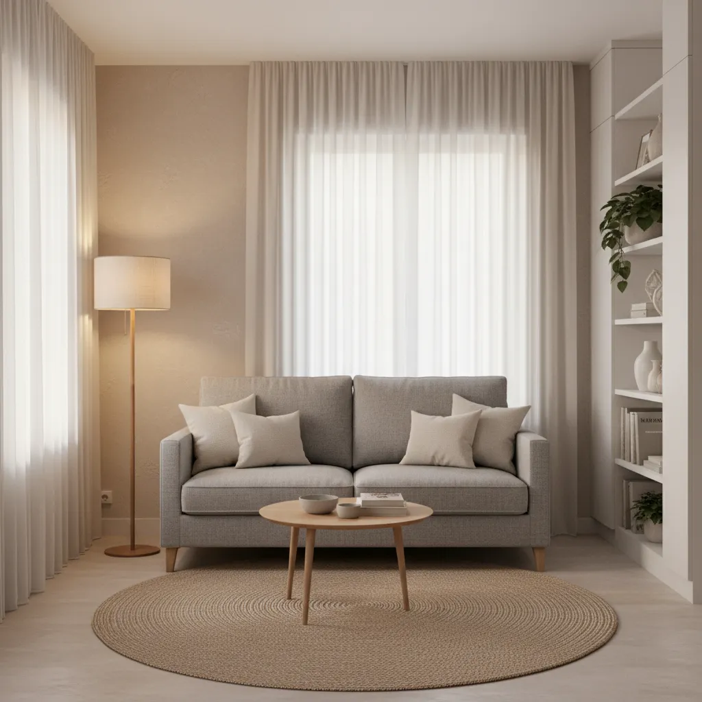 Small living room with subtle textured feature wall and warm lighting