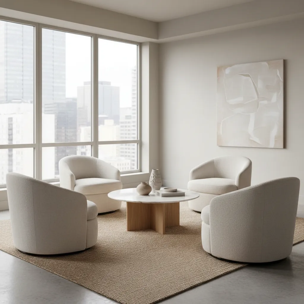 Small living room with four swivel chairs around a round coffee table