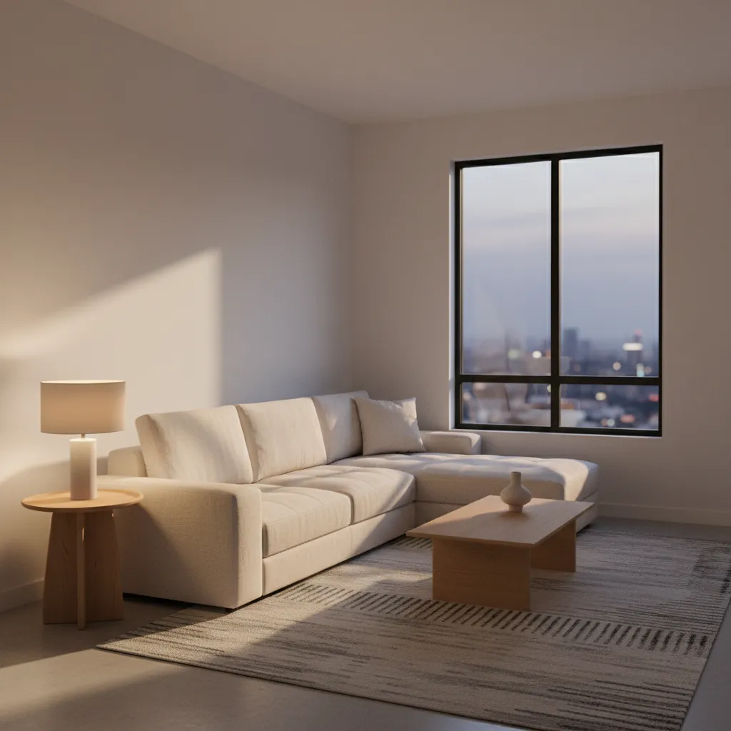 small living room with table lamp beside sofa providing warm lighting