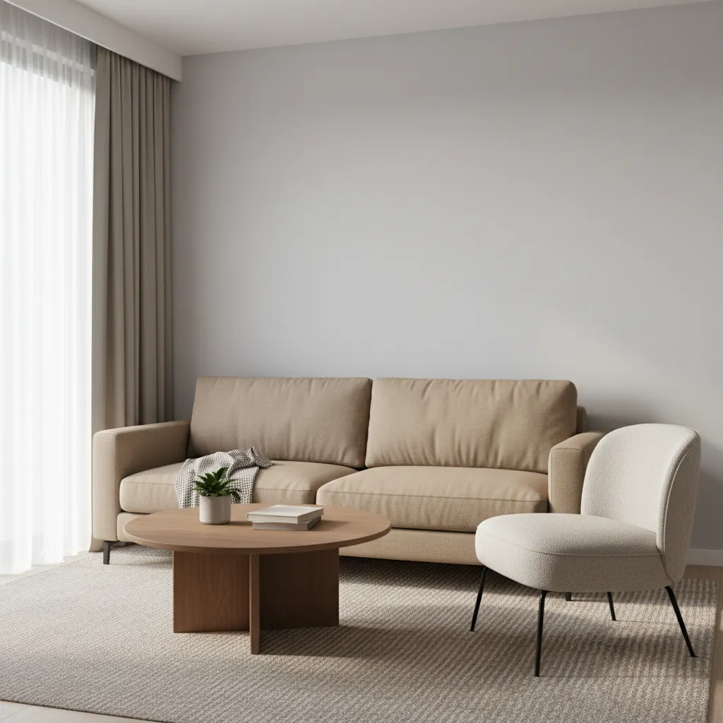 Small living room layout featuring tan couch and compact furniture arrangement