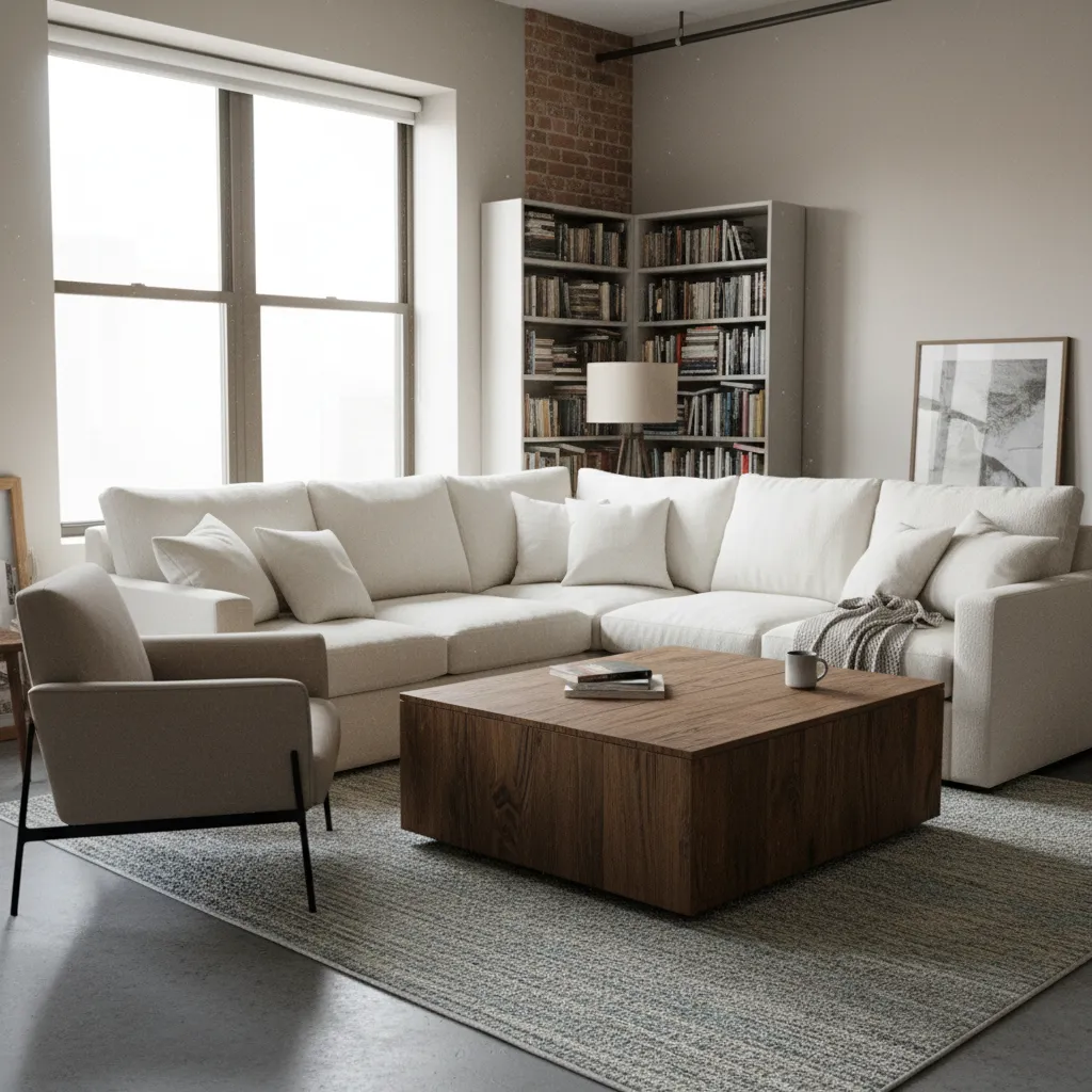 Small living room with cramped furniture arrangement showing poor layout