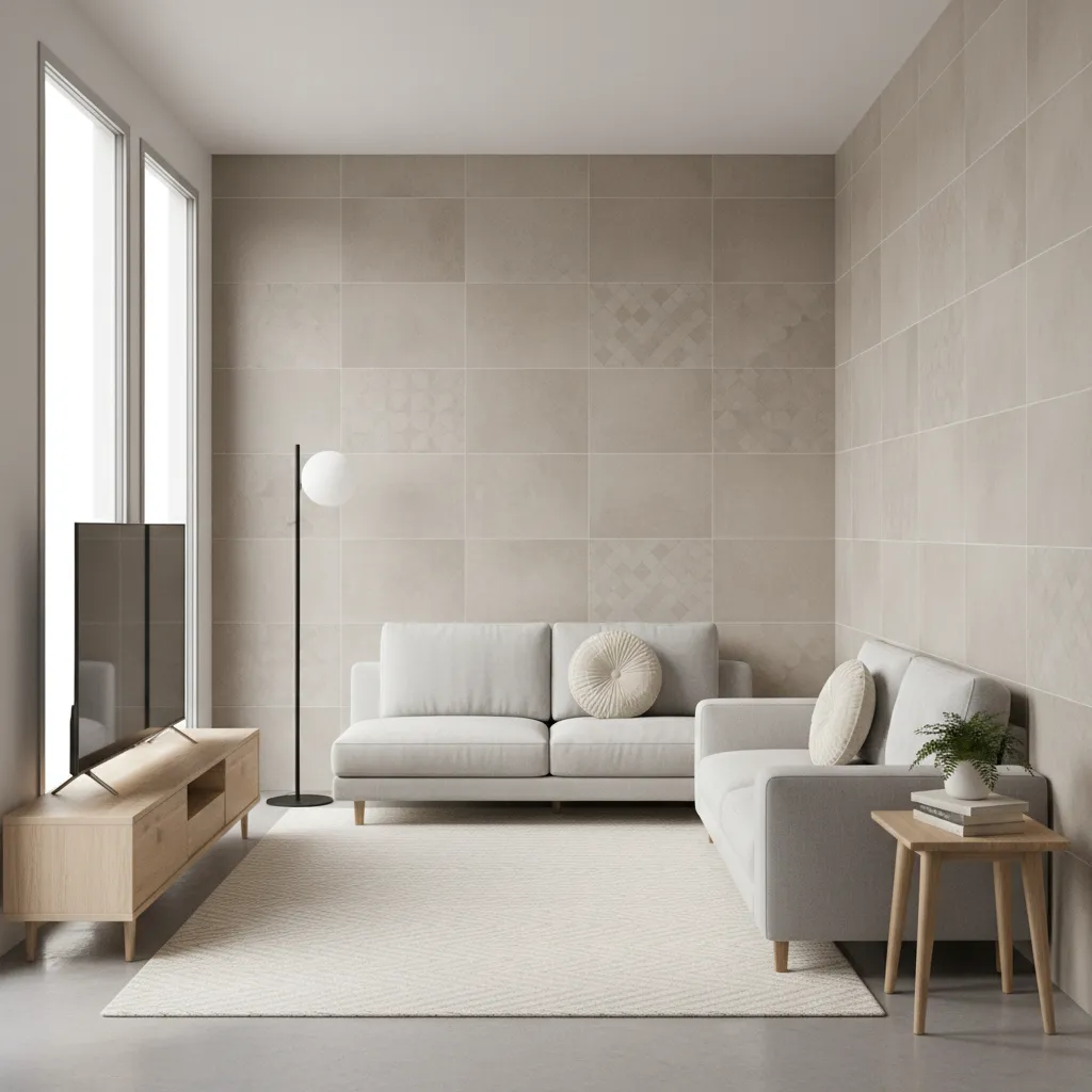 Small living room with textured tile feature wall behind sofa