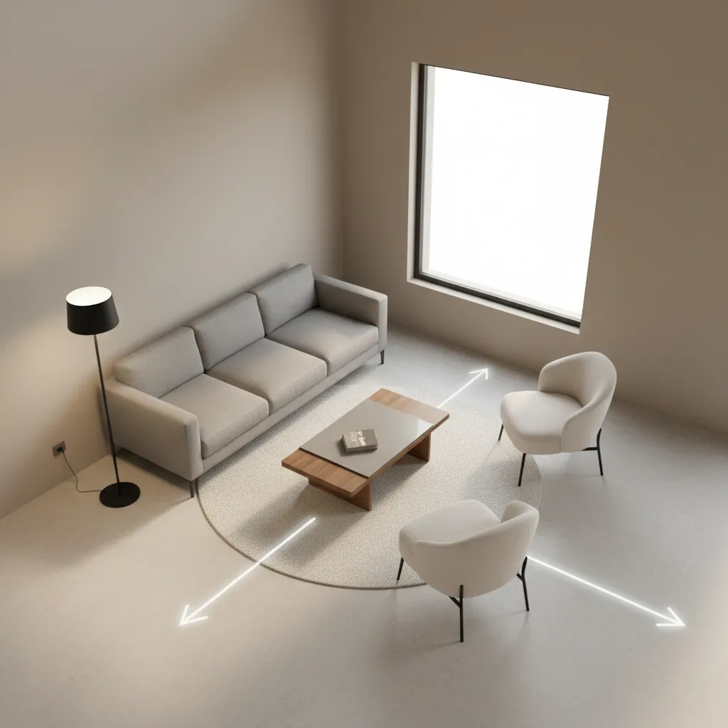 living room layout showing furniture spacing and walking paths