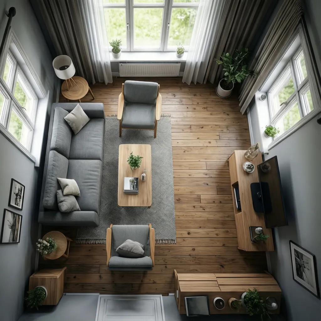 small living room furniture layout showing traffic flow paths around sofa and chairs