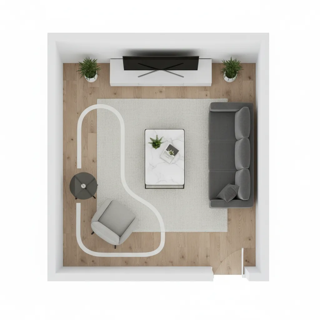Top perspective living room layout illustrating clear traffic flow paths