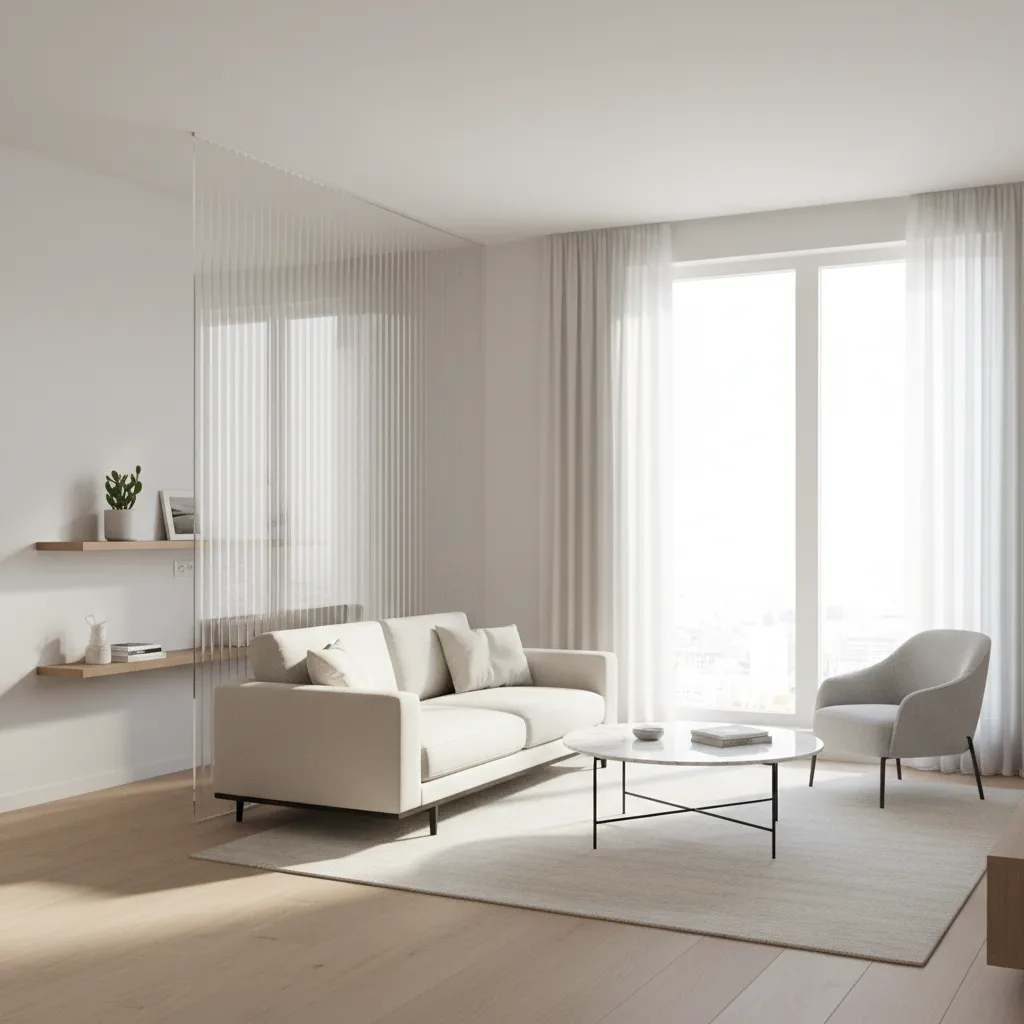 Small apartment living room using transparent divider to maintain light