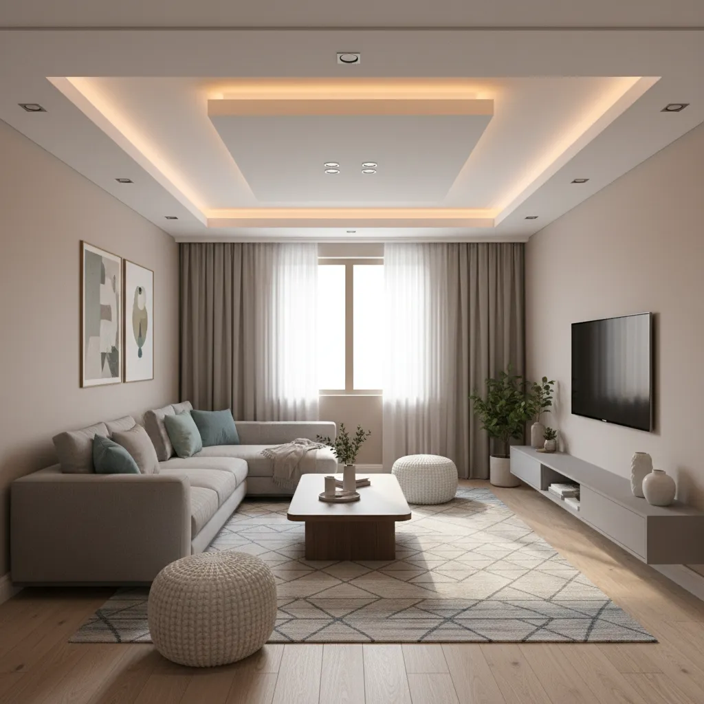 Small living room featuring a simple tray false ceiling with indirect lighting