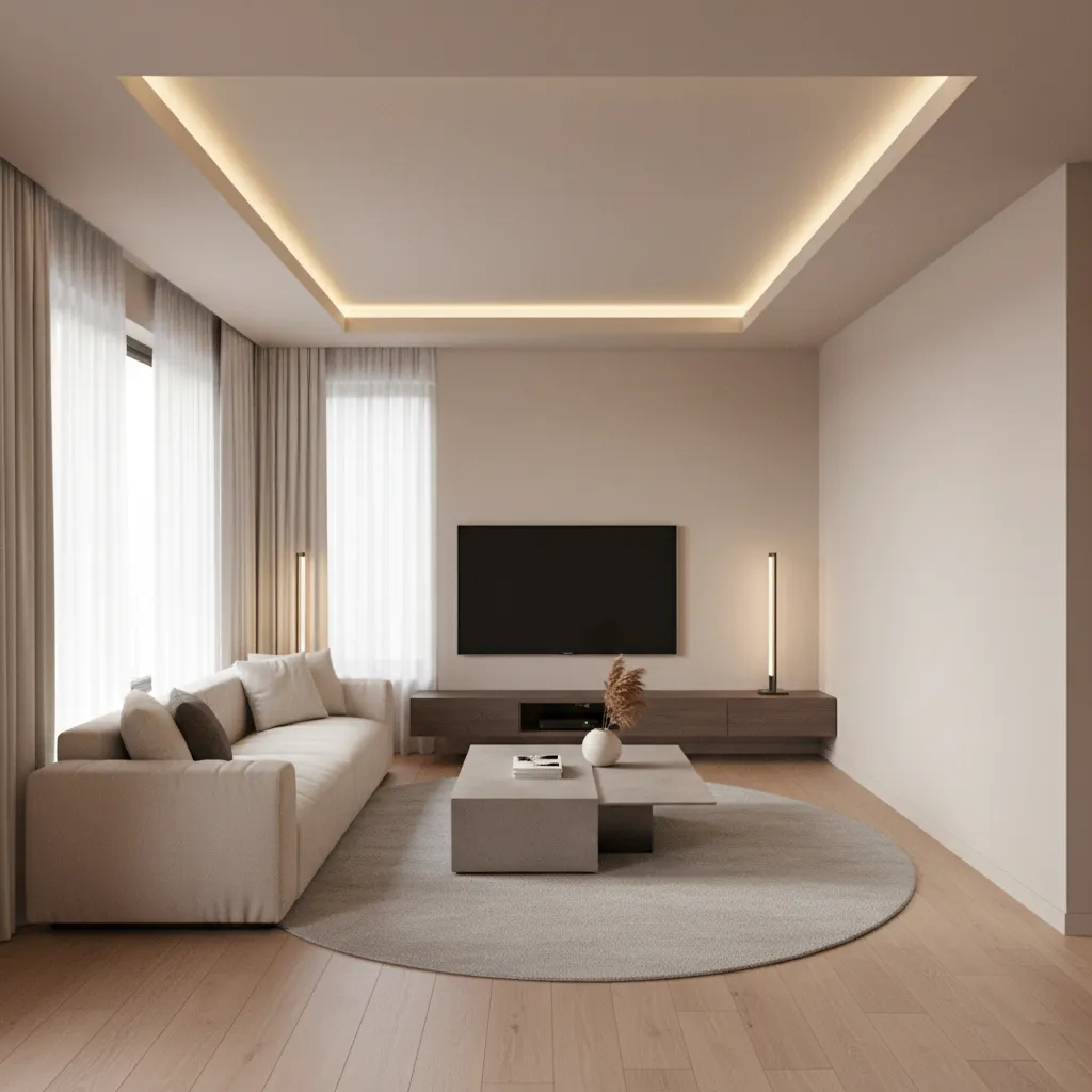 Small living room with shallow tray ceiling and hidden lighting