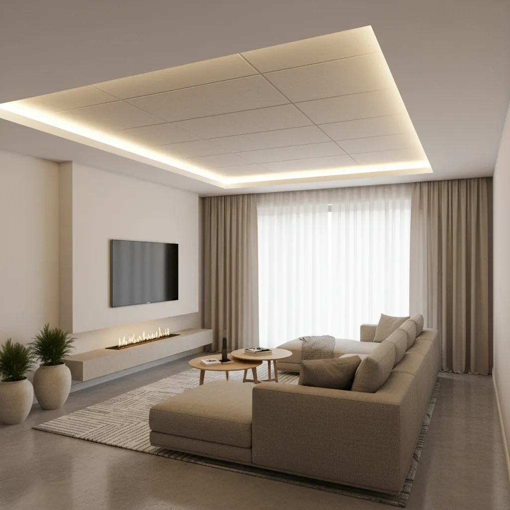 small living room tray ceiling with perimeter LED lighting