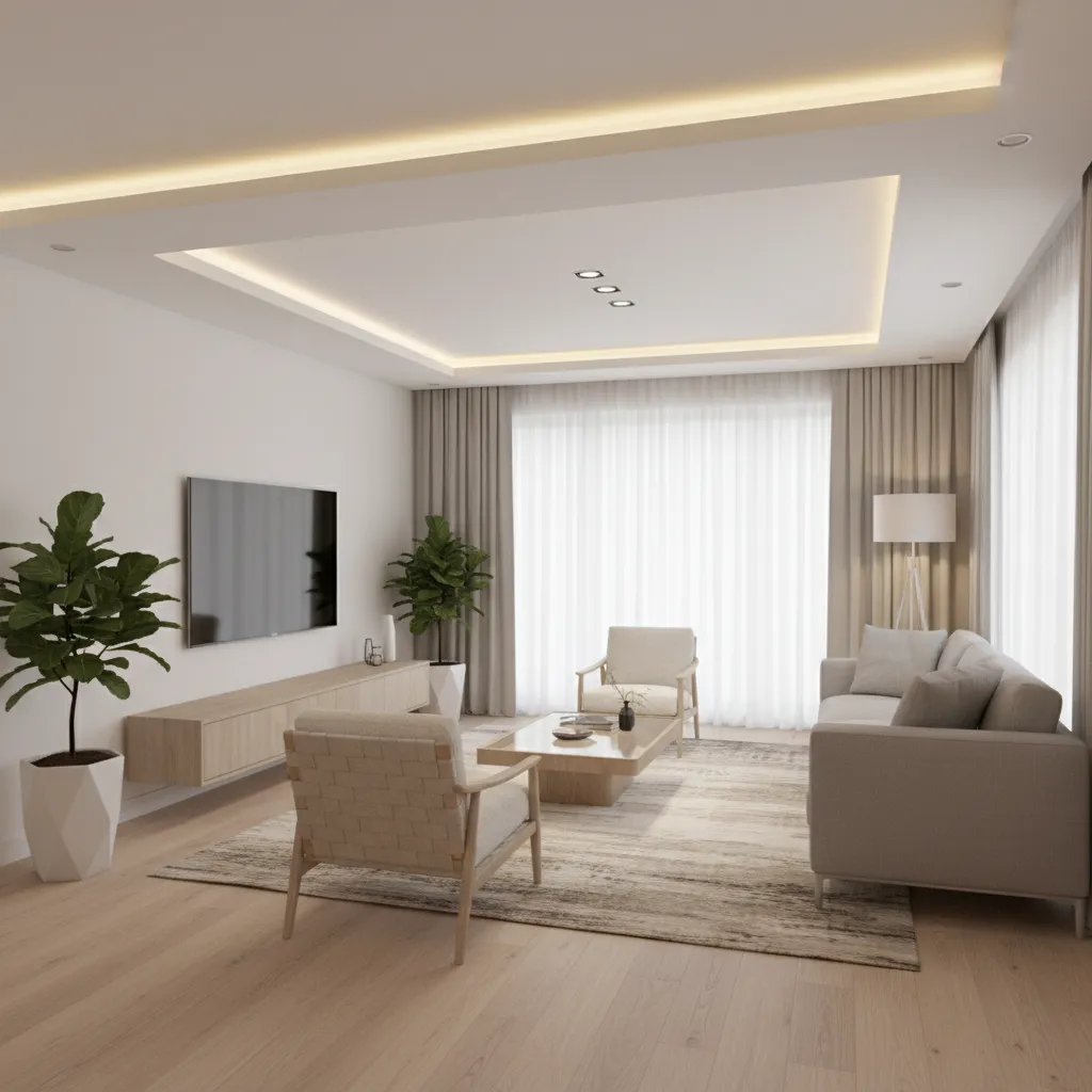 small living room with shallow tray ceiling and LED cove lighting