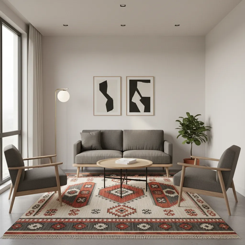Small living room using a tribal rug with minimalist furniture