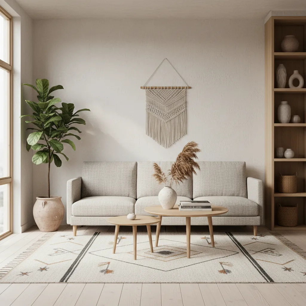 small living room with subtle tribal patterned rug and light furniture