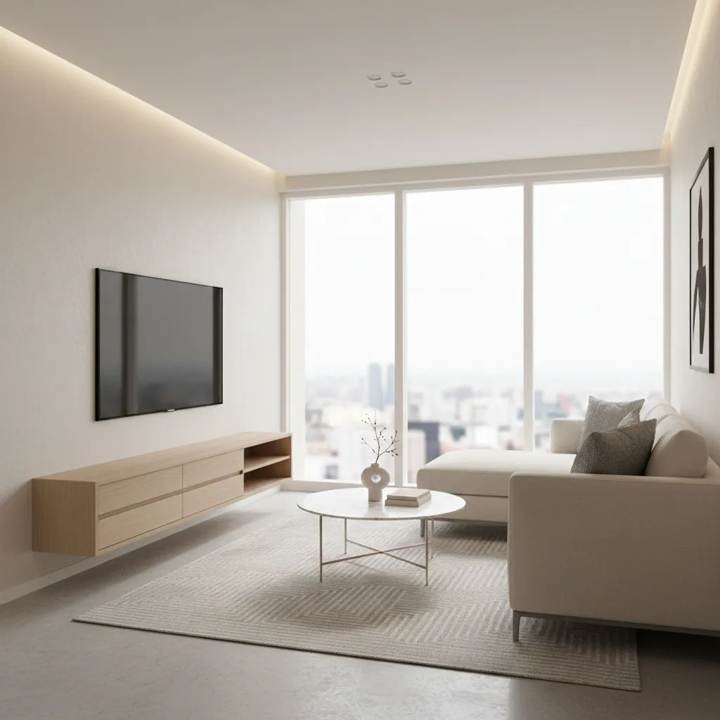 Bright living room featuring a white sofa marble table and large windows overlooking the city
