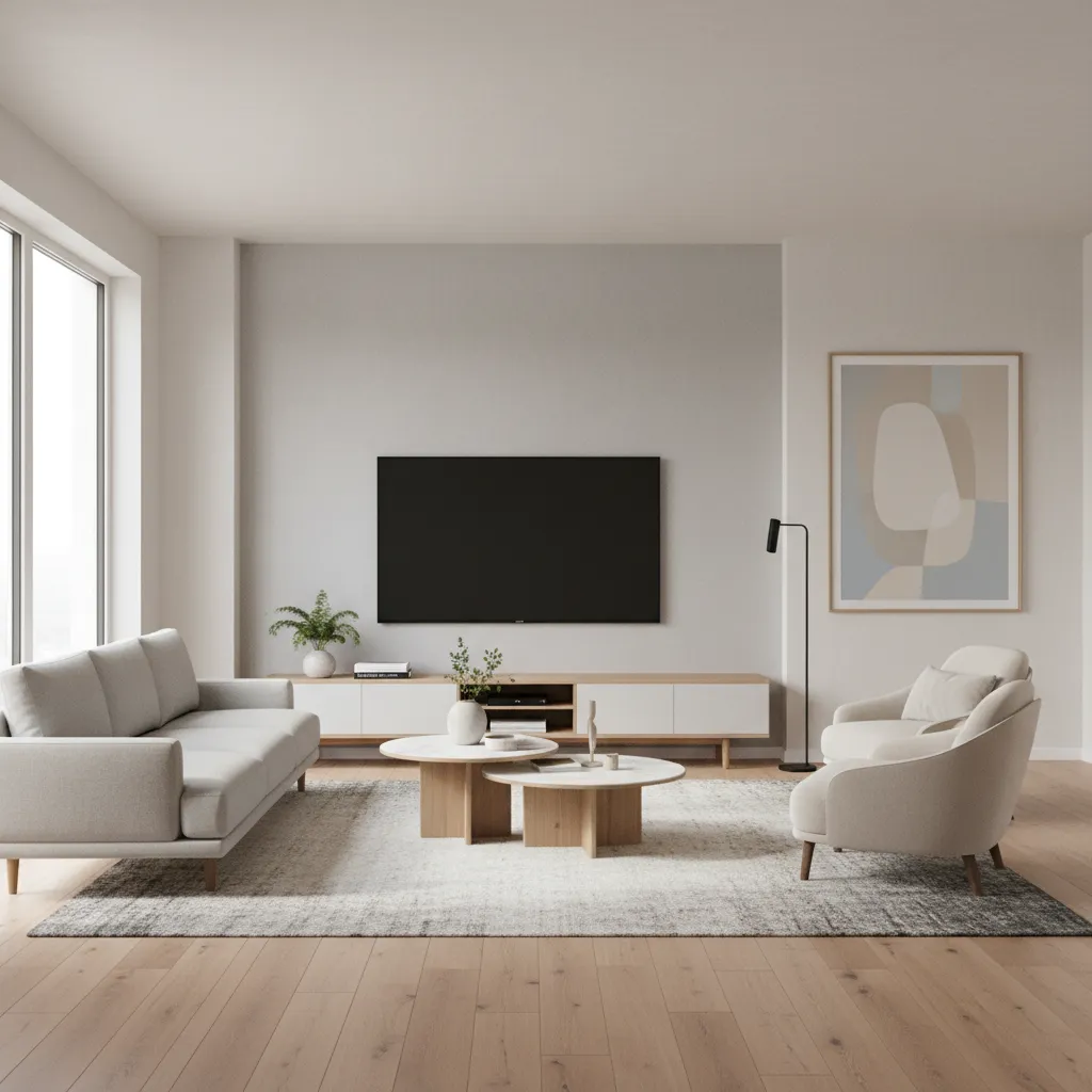 Wall mounted TV aligned with seated eye level in a compact modern living room