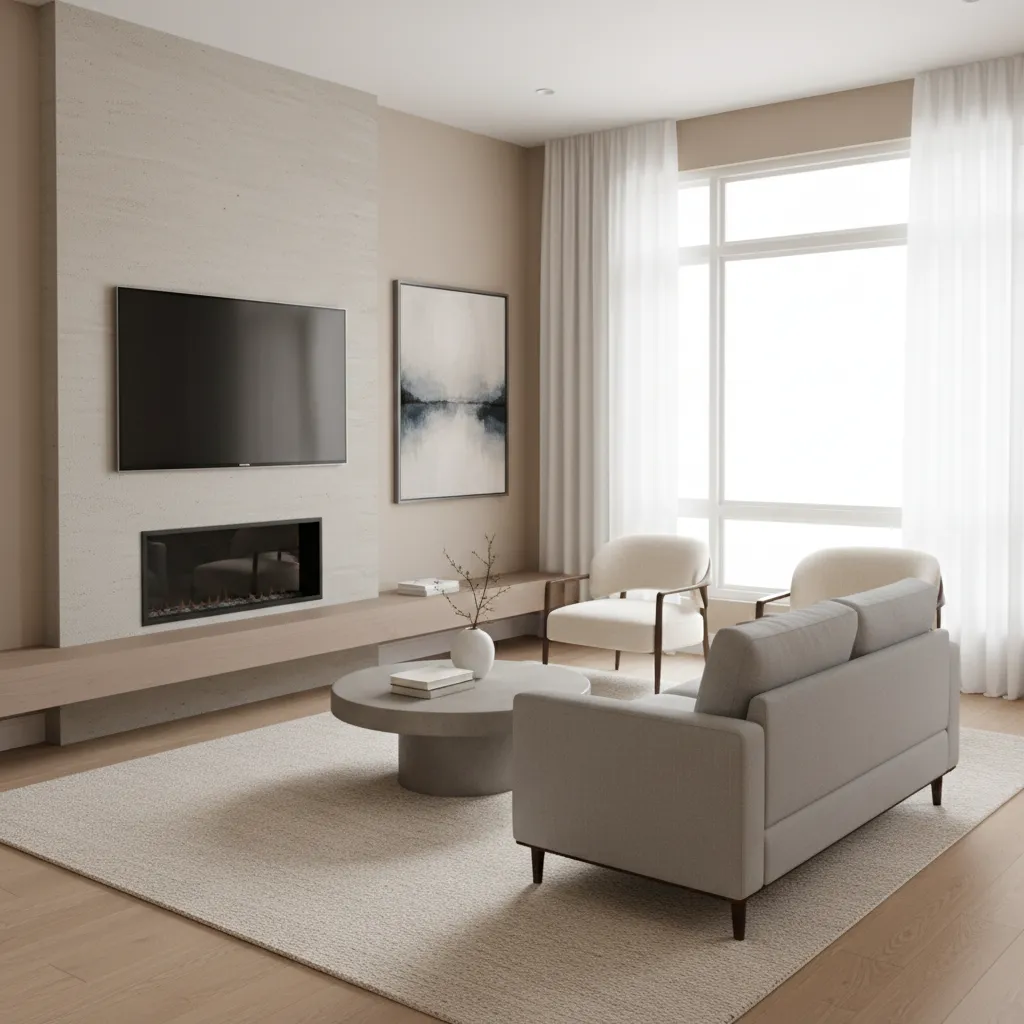 Small cozy living room with sofa facing TV and fireplace
