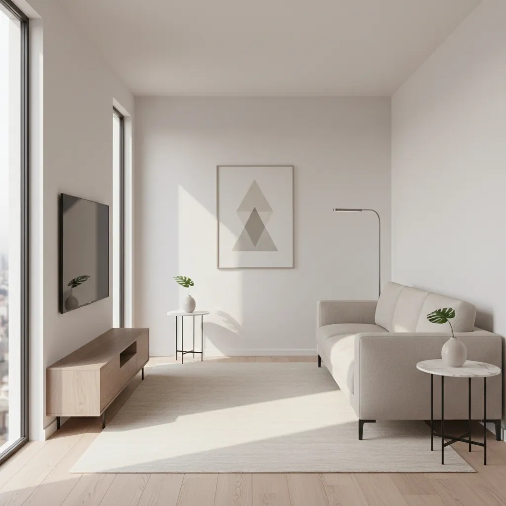 Compact living room with sofa positioned directly facing wall mounted television