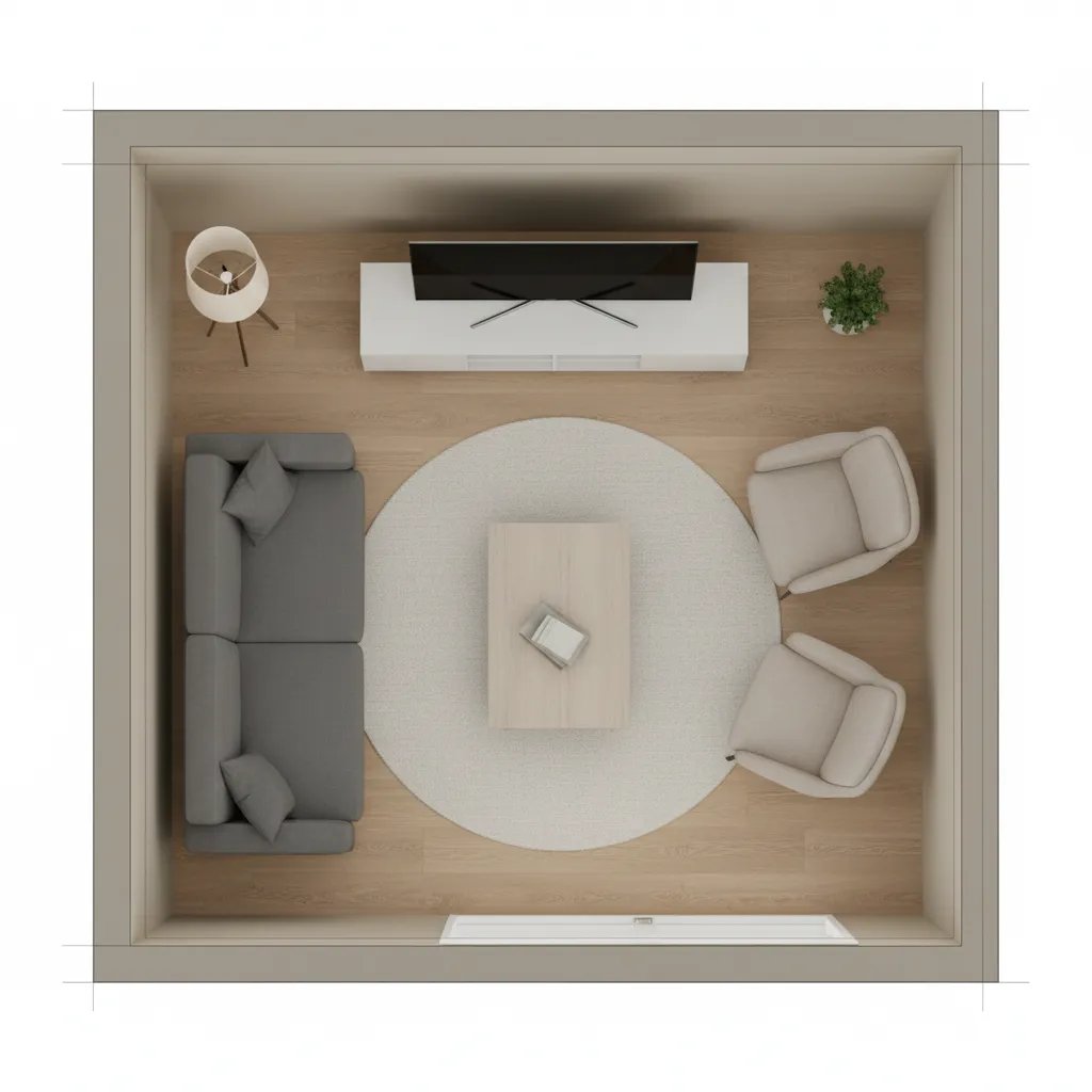 small living room layout showing TV stand placement and seating distance