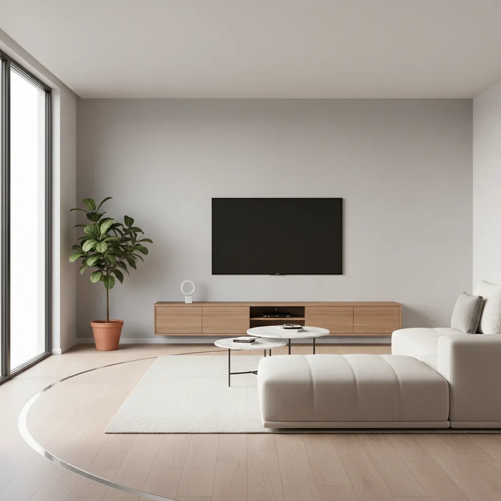Small living room layout with sofa facing wall mounted TV and clear walking path