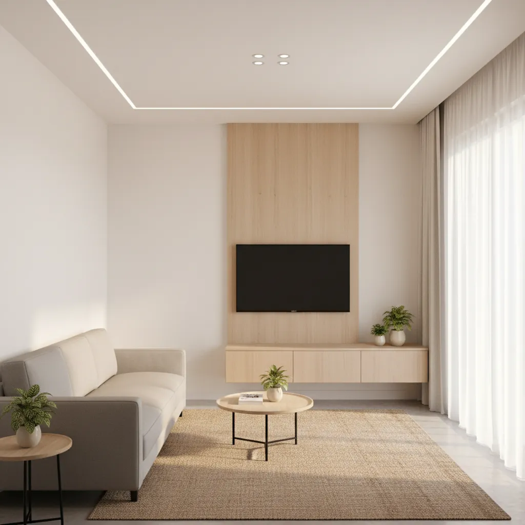 Compact Indian living room with minimalist TV panel and floating storage