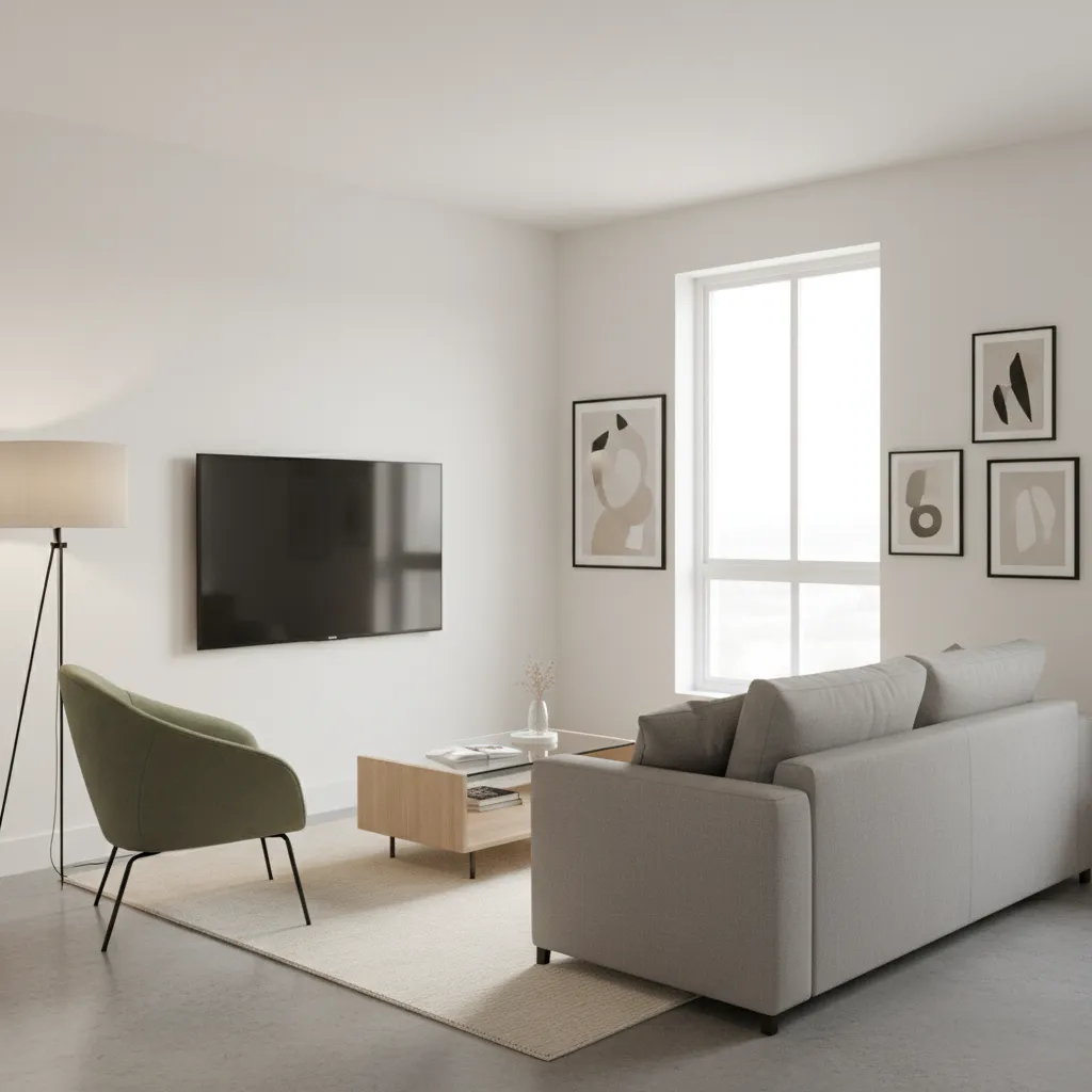 Small living room seating layout aligned with wall mounted television
