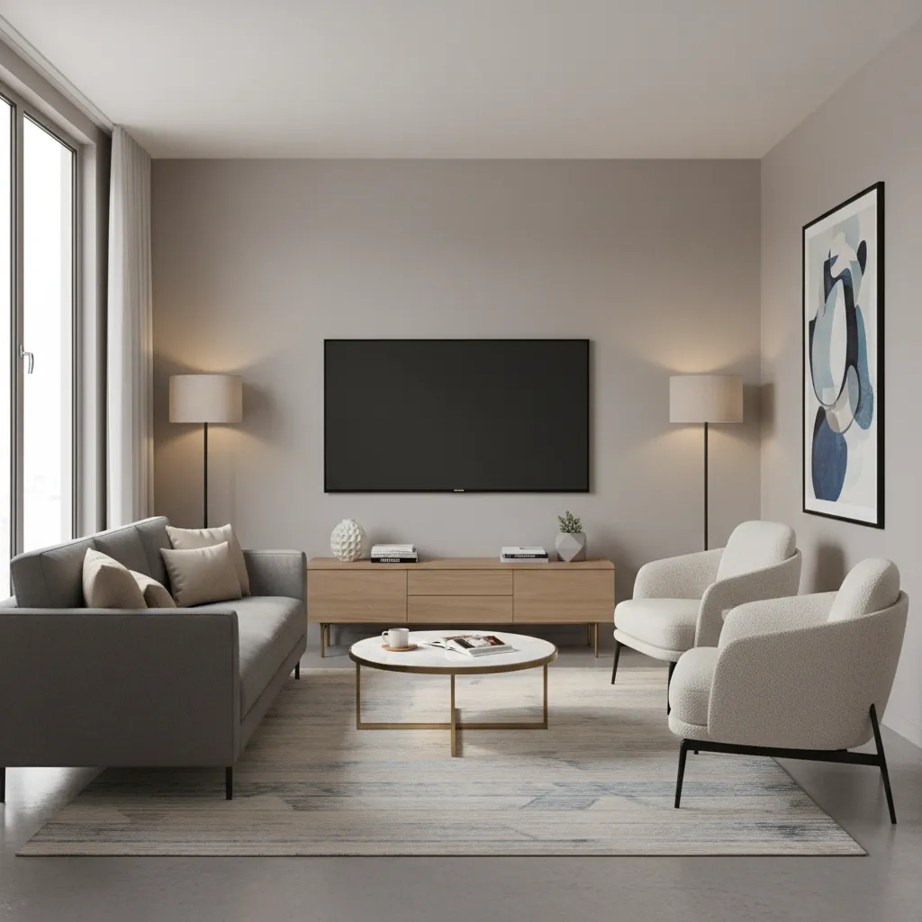 Small living room showing proper sofa and TV alignment for balanced layout