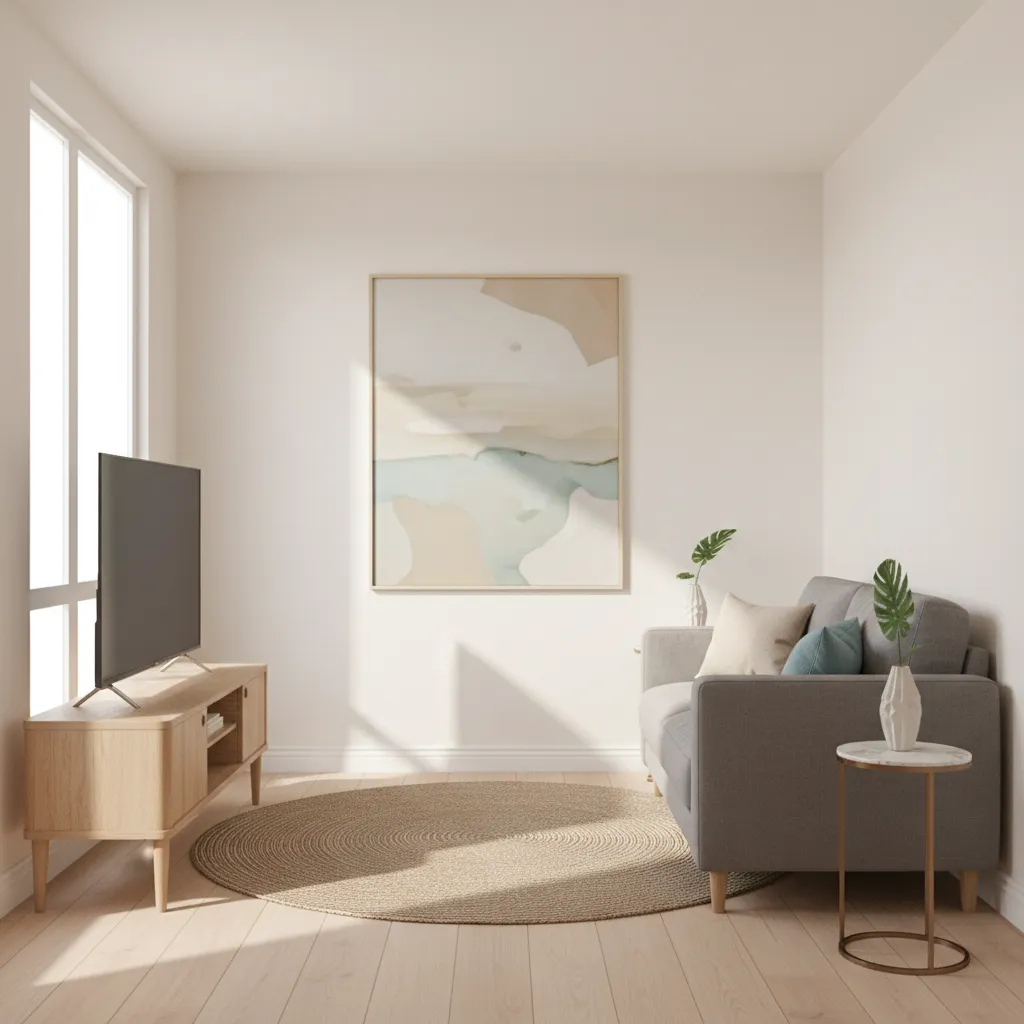 Compact living room with slim TV stand and balanced furniture layout