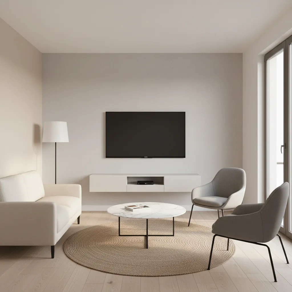 compact living room layout with slim TV unit design