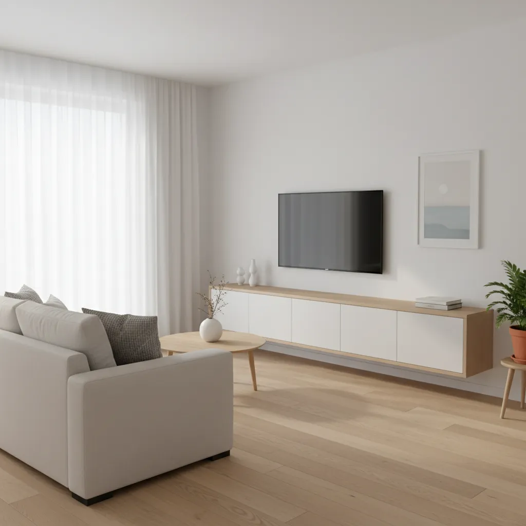 small living room with floating TV unit and storage cabinets
